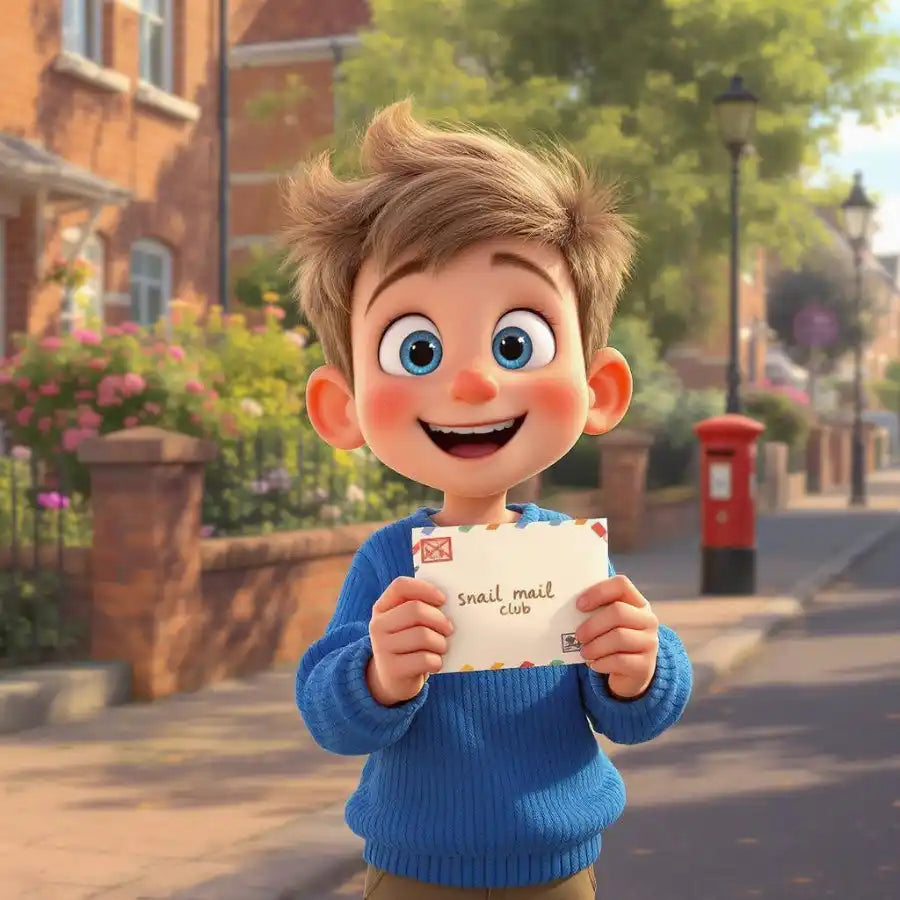 A smiling boy holding an envelope.